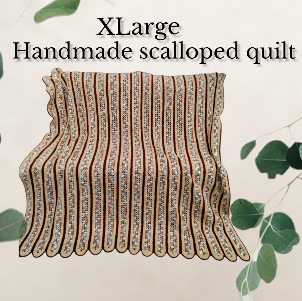 Handmade multicolored scalloped afghan quilt X-large warm colors 5'x6' approxim…